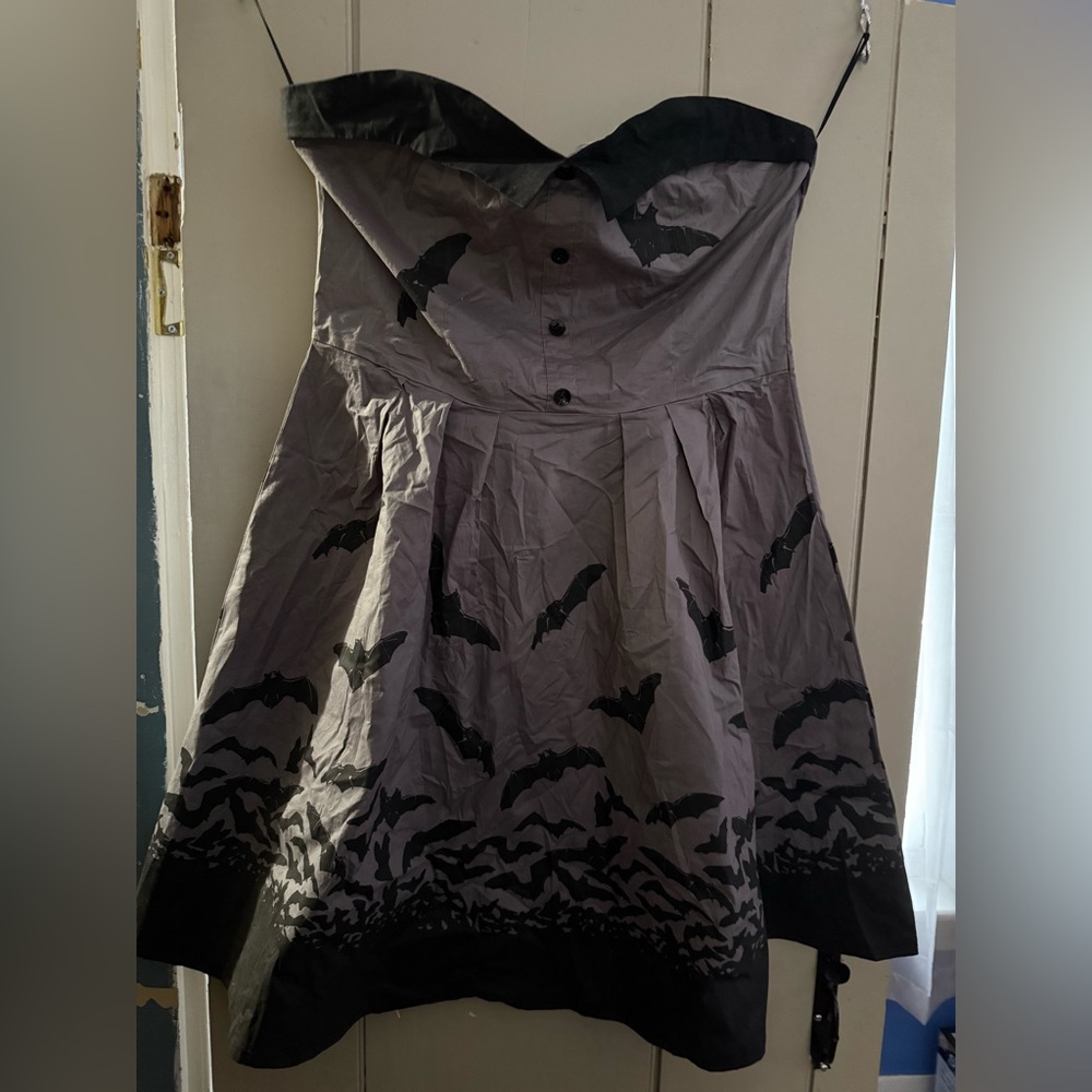 Sourpuss Gray and Black Bat Print Strapless Dress
